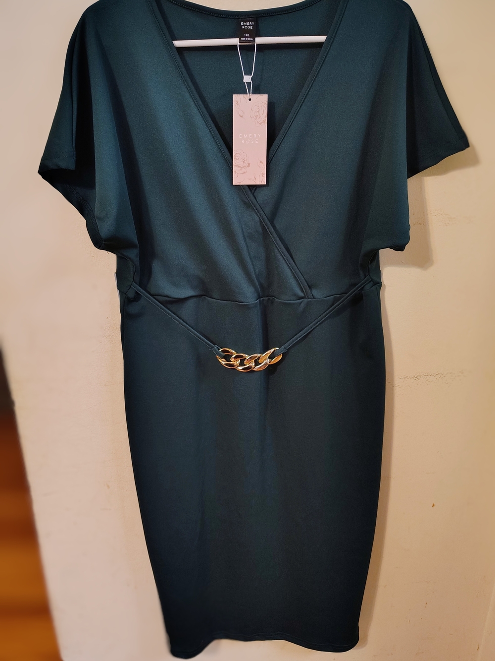 Emery Rose Emerald Green Wrap-Front Belted Sheath Dress